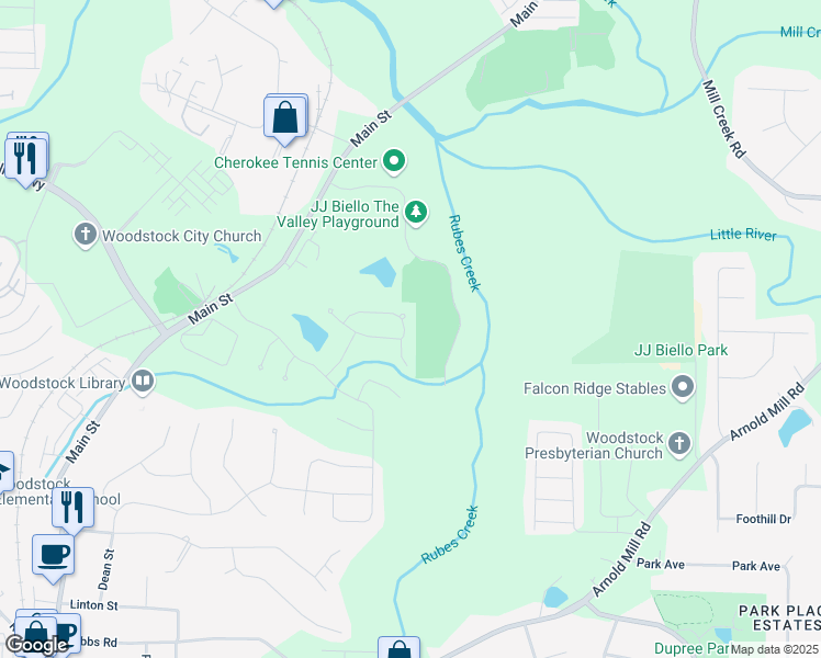 map of restaurants, bars, coffee shops, grocery stores, and more near 328 Spotted Ridge Circle in Woodstock
