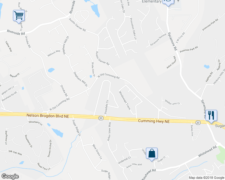 map of restaurants, bars, coffee shops, grocery stores, and more near 959 Pinedale Terrace in Sugar Hill