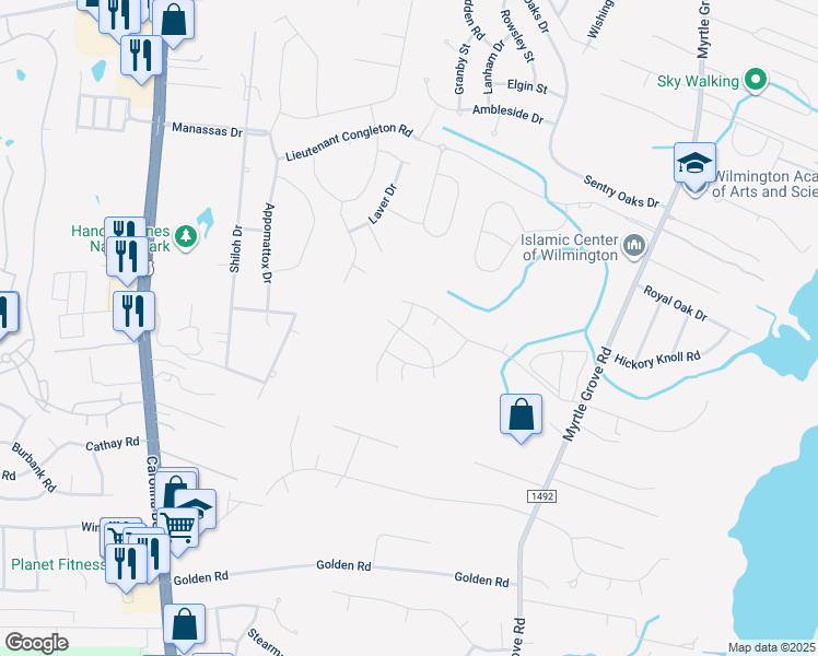 map of restaurants, bars, coffee shops, grocery stores, and more near 6425 Fawn Settle Drive in Wilmington