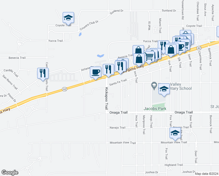 map of restaurants, bars, coffee shops, grocery stores, and more near 7595 Kickapoo Trail in Yucca Valley