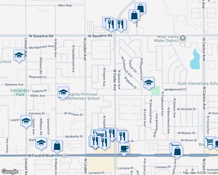 map of restaurants, bars, coffee shops, grocery stores, and more near 1329 West Wedgewood Street in Rialto