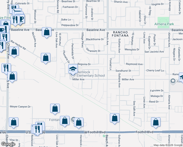 map of restaurants, bars, coffee shops, grocery stores, and more near 15175 Edelweis Street in Fontana