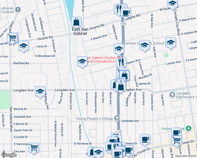 map of restaurants, bars, coffee shops, grocery stores, and more near 6322 North Muscatel Avenue in San Gabriel