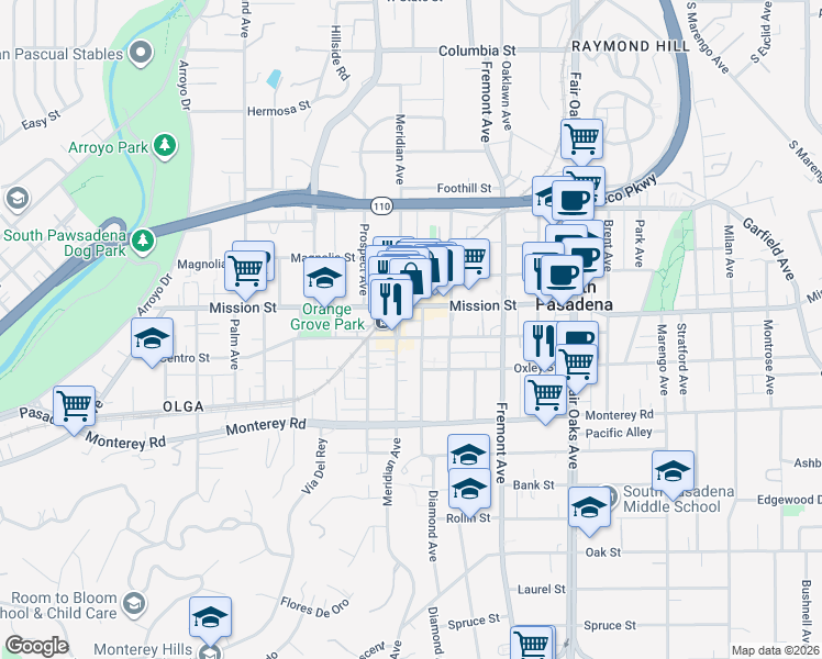 map of restaurants, bars, coffee shops, grocery stores, and more near 1003 Diamond Avenue in South Pasadena