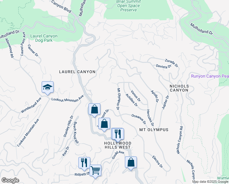 map of restaurants, bars, coffee shops, grocery stores, and more near 2377 Mount Olympus Drive in Los Angeles