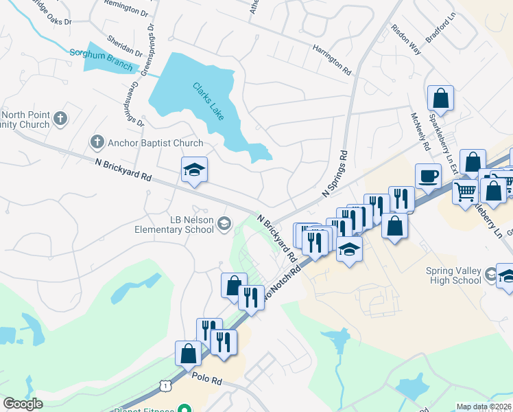 map of restaurants, bars, coffee shops, grocery stores, and more near 300 Valley Springs Road in Columbia