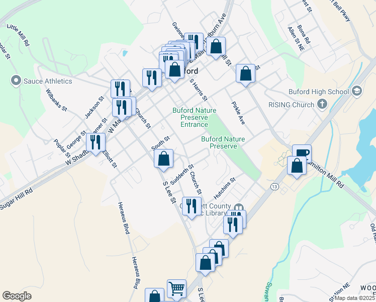 map of restaurants, bars, coffee shops, grocery stores, and more near 440 South Alexander Street in Buford