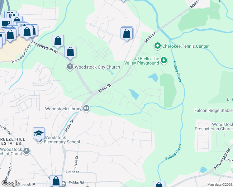 map of restaurants, bars, coffee shops, grocery stores, and more near 112 Johnston Farm Lane in Woodstock