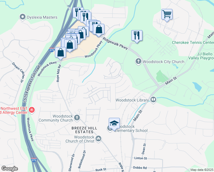 map of restaurants, bars, coffee shops, grocery stores, and more near 208 Magnolia Leaf Drive in Woodstock