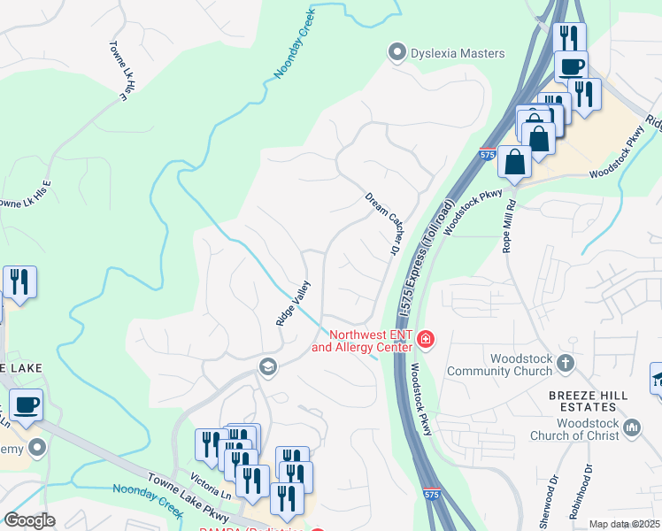 map of restaurants, bars, coffee shops, grocery stores, and more near 206 Rattler Court in Woodstock