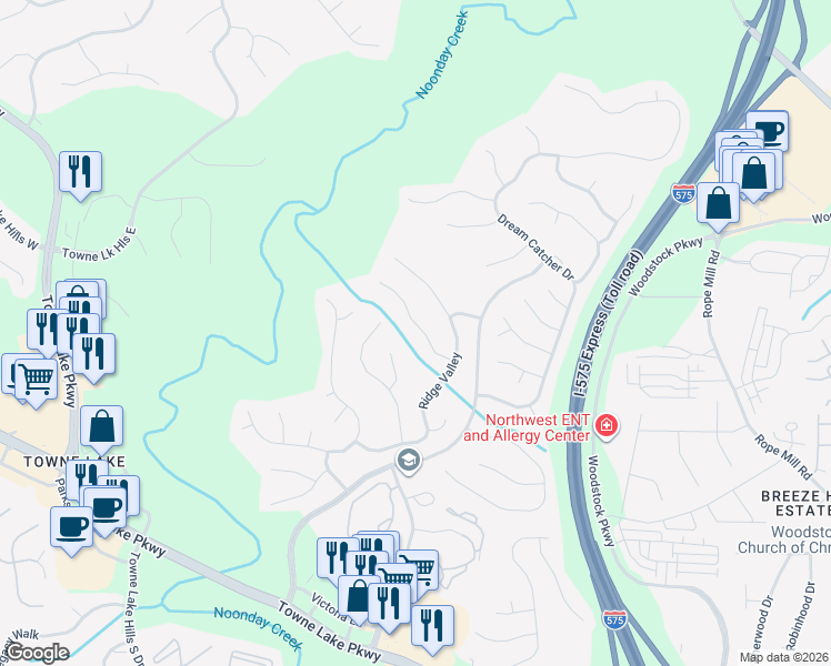 map of restaurants, bars, coffee shops, grocery stores, and more near 413 Old Deerfield Lane in Woodstock