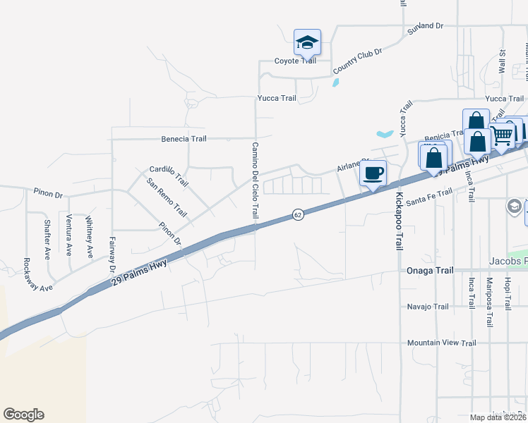 map of restaurants, bars, coffee shops, grocery stores, and more near 29 Palms Highway in Yucca Valley
