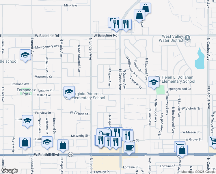 map of restaurants, bars, coffee shops, grocery stores, and more near 1413 West Wedgewood Street in Rialto