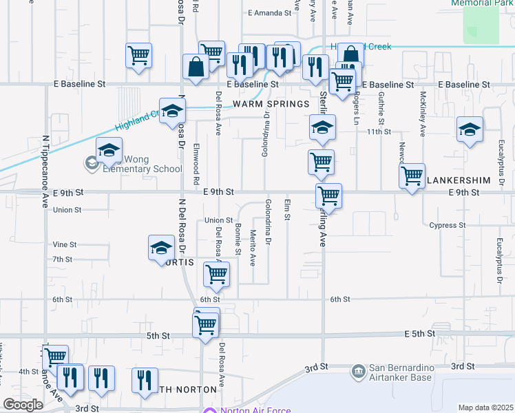map of restaurants, bars, coffee shops, grocery stores, and more near 7623 Bonnie Street in San Bernardino