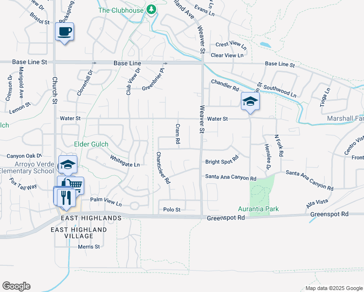 map of restaurants, bars, coffee shops, grocery stores, and more near 7597 Cram Road in Highland