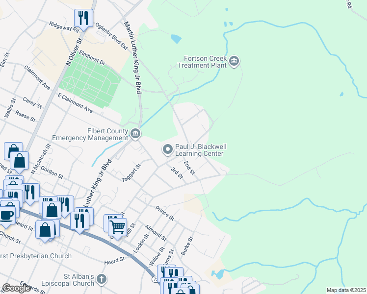 map of restaurants, bars, coffee shops, grocery stores, and more near 379 Campbell Street in Elberton