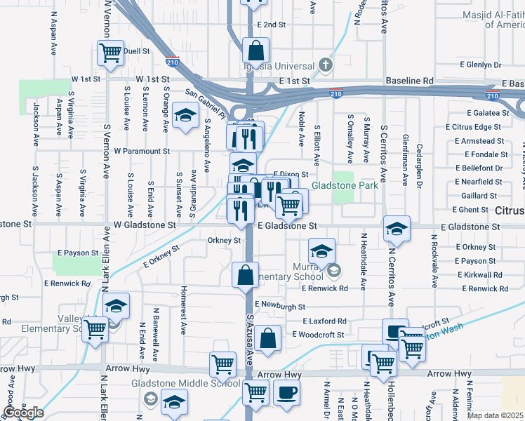 map of restaurants, bars, coffee shops, grocery stores, and more near 125 East Gladstone Street in Azusa