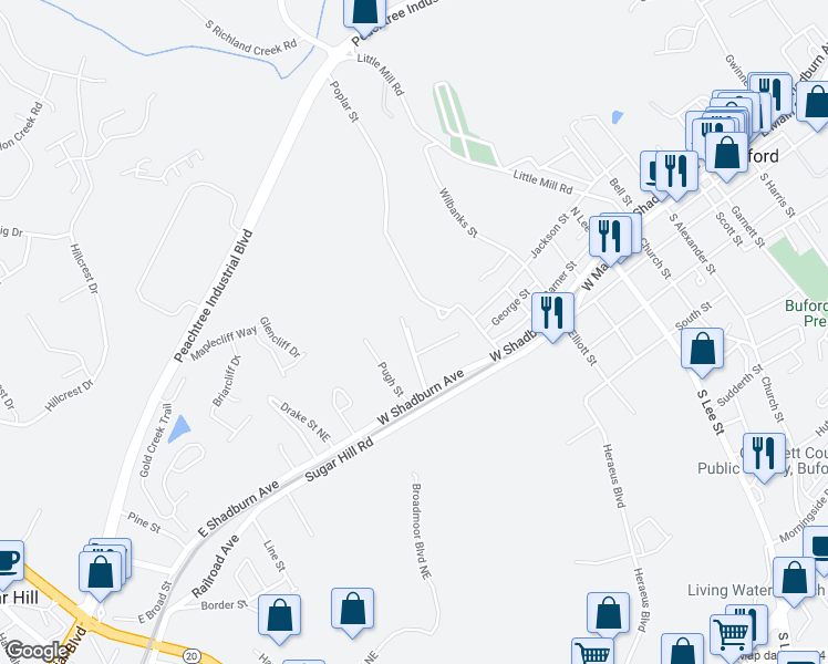 map of restaurants, bars, coffee shops, grocery stores, and more near 175 Rowe Street in Buford
