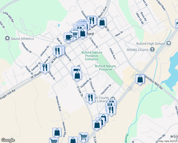 map of restaurants, bars, coffee shops, grocery stores, and more near 440 South Alexander Street in Buford