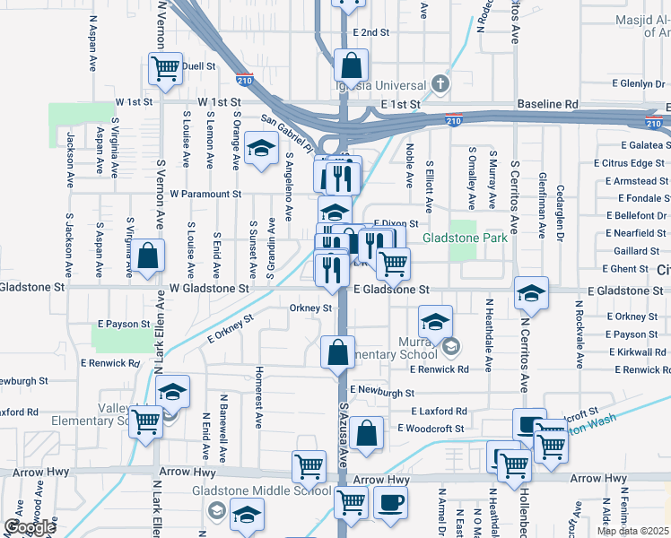 map of restaurants, bars, coffee shops, grocery stores, and more near 125 East Gladstone Street in Azusa