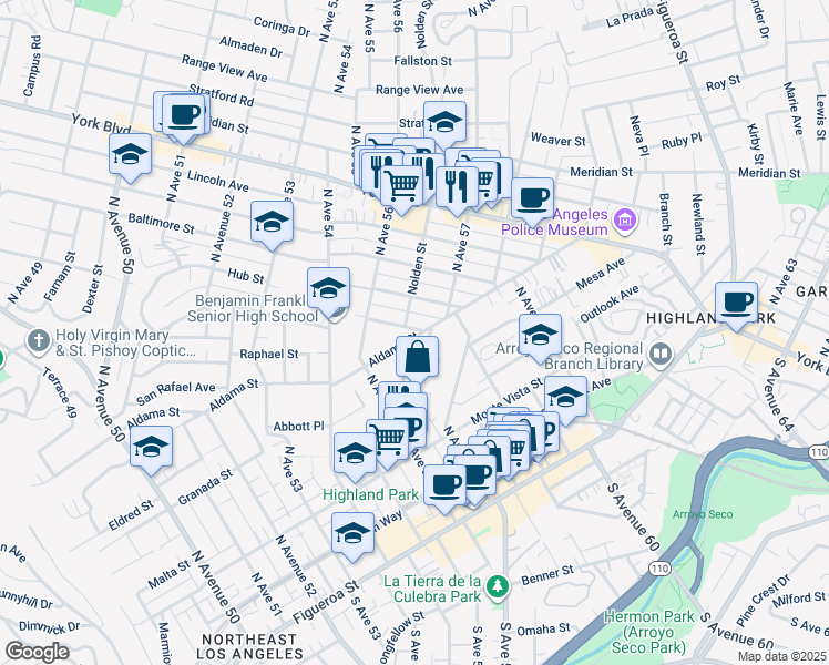 map of restaurants, bars, coffee shops, grocery stores, and more near 5661 Aldama Street in Los Angeles