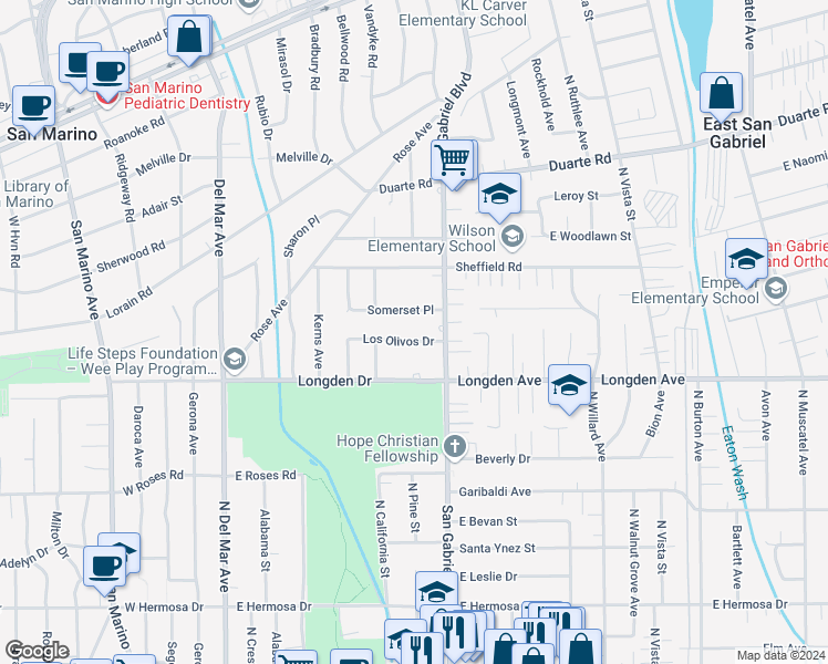 map of restaurants, bars, coffee shops, grocery stores, and more near 629 Los Olivos Drive in San Gabriel