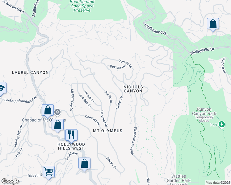 map of restaurants, bars, coffee shops, grocery stores, and more near 7551 Hermes Drive in Los Angeles