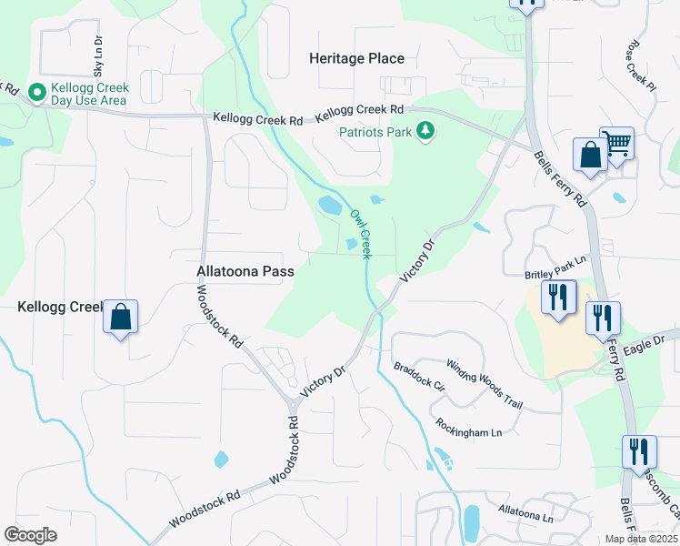 map of restaurants, bars, coffee shops, grocery stores, and more near 1537 David Lee Street in Acworth