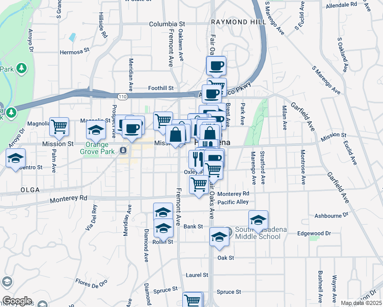 map of restaurants, bars, coffee shops, grocery stores, and more near 1011 Mound Avenue in South Pasadena
