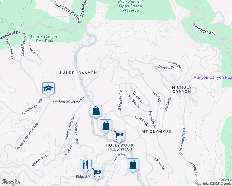 map of restaurants, bars, coffee shops, grocery stores, and more near 2377 Mount Olympus Drive in Los Angeles