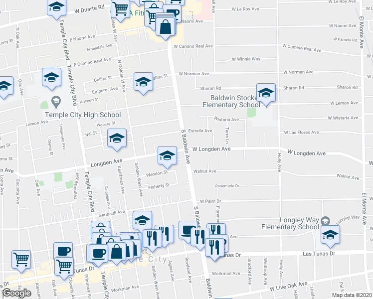 map of restaurants, bars, coffee shops, grocery stores, and more near S Baldwin Ave & W Longden Ave in Arcadia