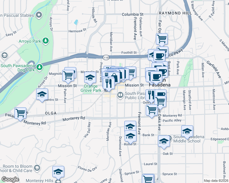 map of restaurants, bars, coffee shops, grocery stores, and more near 1003 Diamond Avenue in South Pasadena