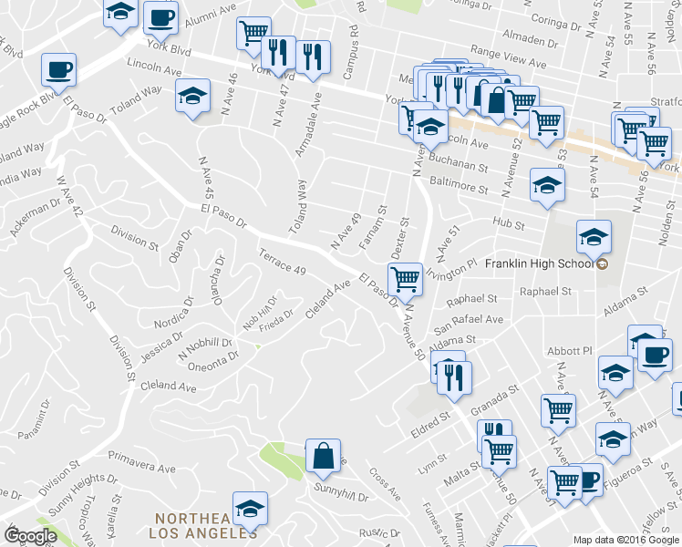 map of restaurants, bars, coffee shops, grocery stores, and more near 925 El Paso Drive in Los Angeles
