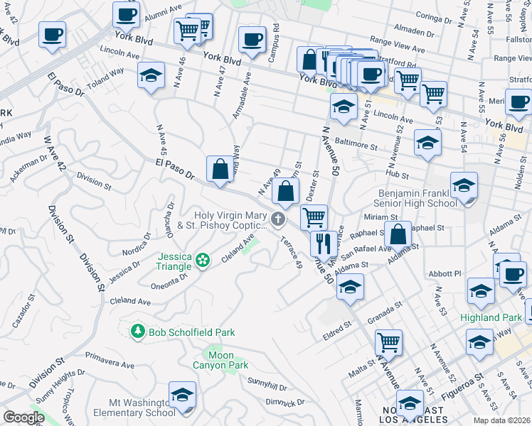 map of restaurants, bars, coffee shops, grocery stores, and more near 927 El Paso Drive in Los Angeles