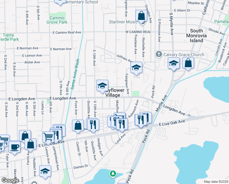 map of restaurants, bars, coffee shops, grocery stores, and more near in Mayflower Village
