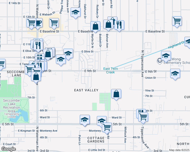 map of restaurants, bars, coffee shops, grocery stores, and more near 765 East 9th Street in San Bernardino