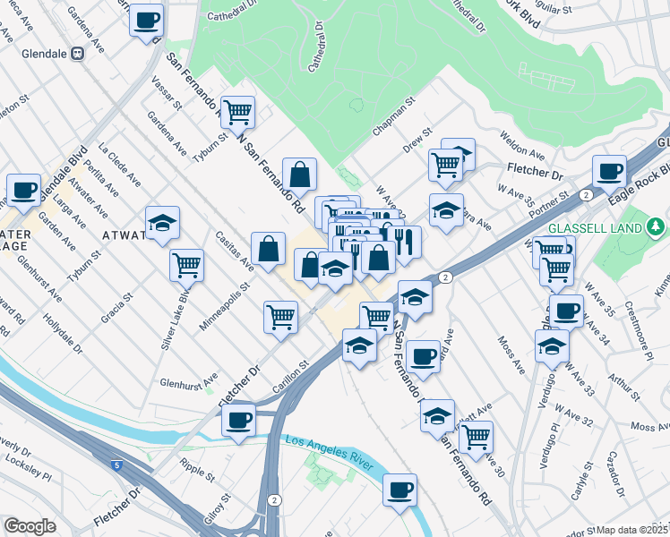 map of restaurants, bars, coffee shops, grocery stores, and more near 3121 N San Fernando Rd in Los Angeles
