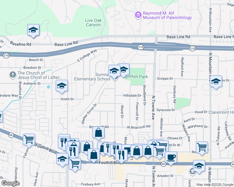 map of restaurants, bars, coffee shops, grocery stores, and more near 1283 Hillsdale Drive in Claremont