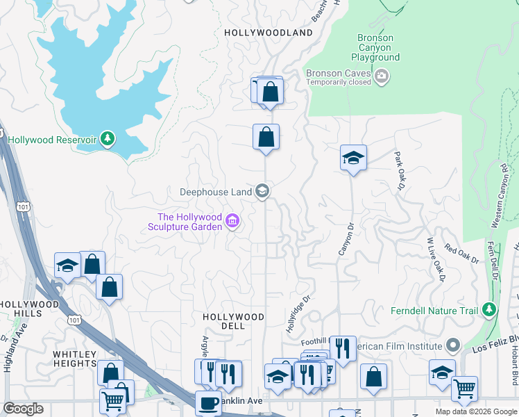 map of restaurants, bars, coffee shops, grocery stores, and more near 2447 North Beachwood Drive in Los Angeles