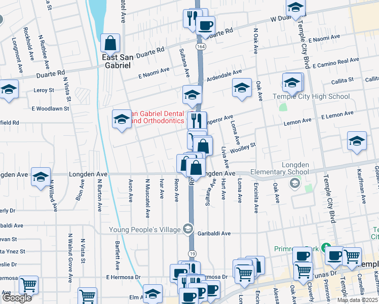 map of restaurants, bars, coffee shops, grocery stores, and more near 6353 Rosemead Boulevard in San Gabriel