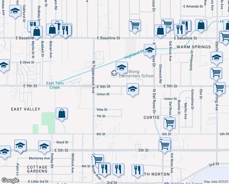 map of restaurants, bars, coffee shops, grocery stores, and more near 25041 Union Street in San Bernardino