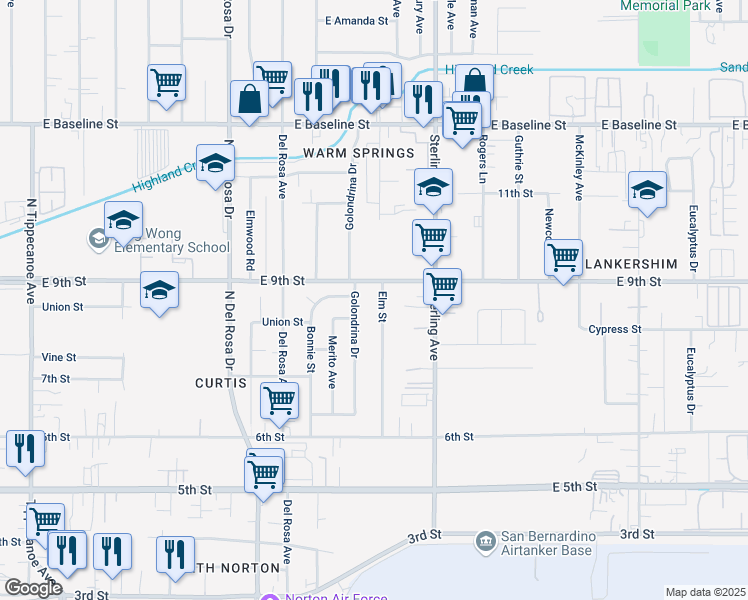 map of restaurants, bars, coffee shops, grocery stores, and more near 7636 Elm Street in San Bernardino