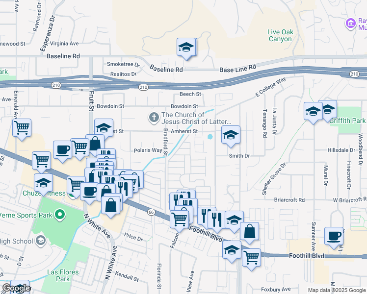map of restaurants, bars, coffee shops, grocery stores, and more near 3800 Bradford Street in La Verne