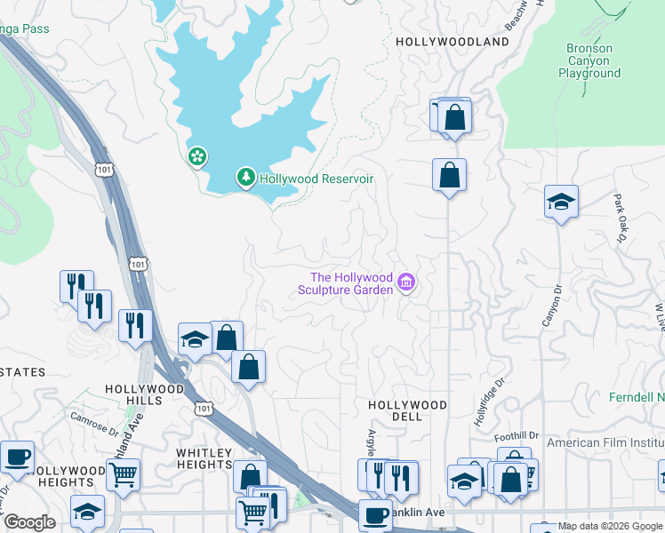 map of restaurants, bars, coffee shops, grocery stores, and more near 6369 La Punta Drive in Los Angeles