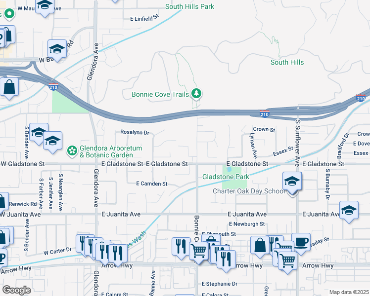 map of restaurants, bars, coffee shops, grocery stores, and more near 1357 Bonnie Cove Avenue in Glendora