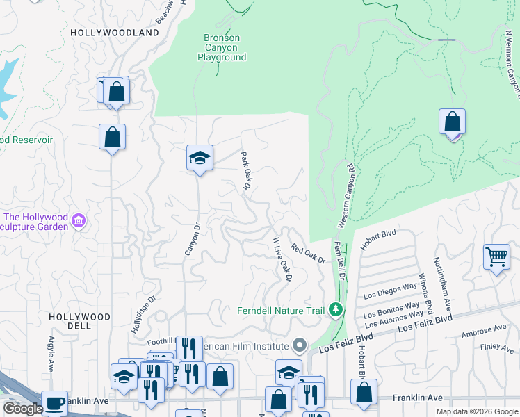 map of restaurants, bars, coffee shops, grocery stores, and more near 2459 Park Oak Drive in Los Angeles