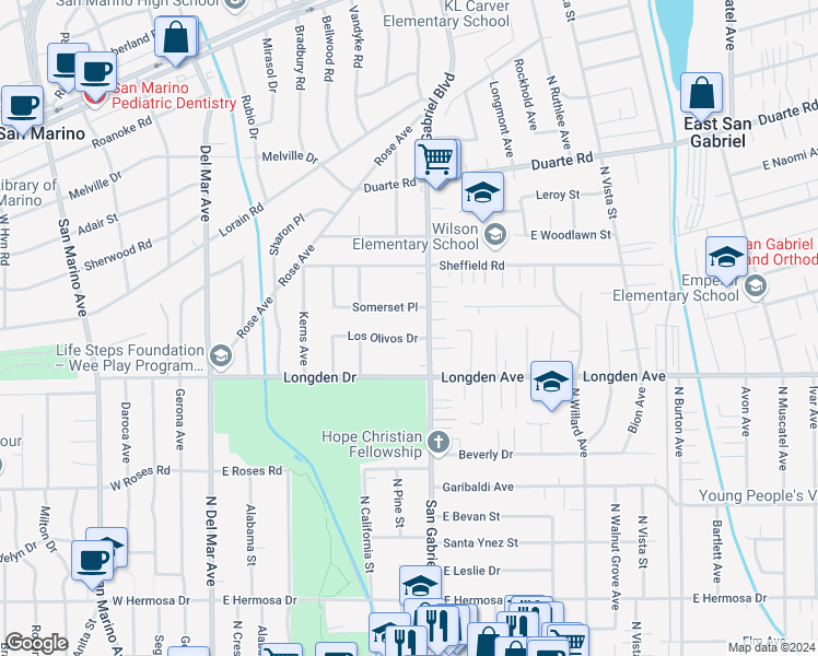 map of restaurants, bars, coffee shops, grocery stores, and more near 711 Los Olivos Drive in San Gabriel