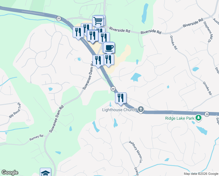 map of restaurants, bars, coffee shops, grocery stores, and more near 5774 Cumming Highway Northeast in Buford