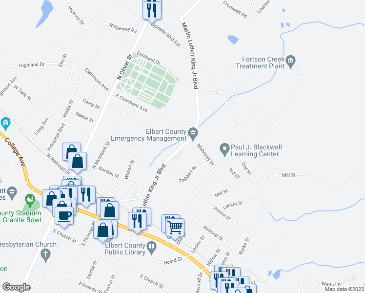 map of restaurants, bars, coffee shops, grocery stores, and more near Martin Luther King Junior Boulevard in Elberton
