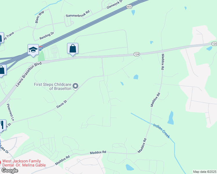 map of restaurants, bars, coffee shops, grocery stores, and more near 8817 Davis Street in Braselton